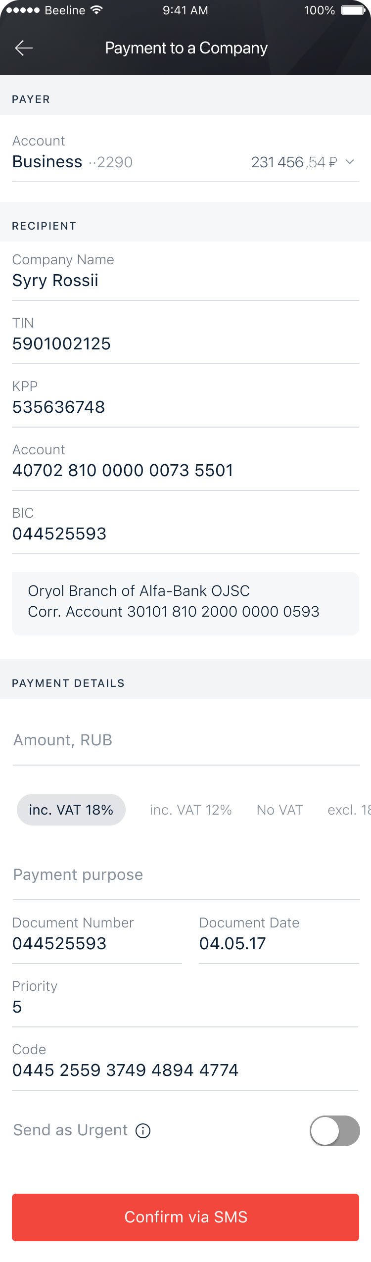 Full payment form with payer, recipient and payment details