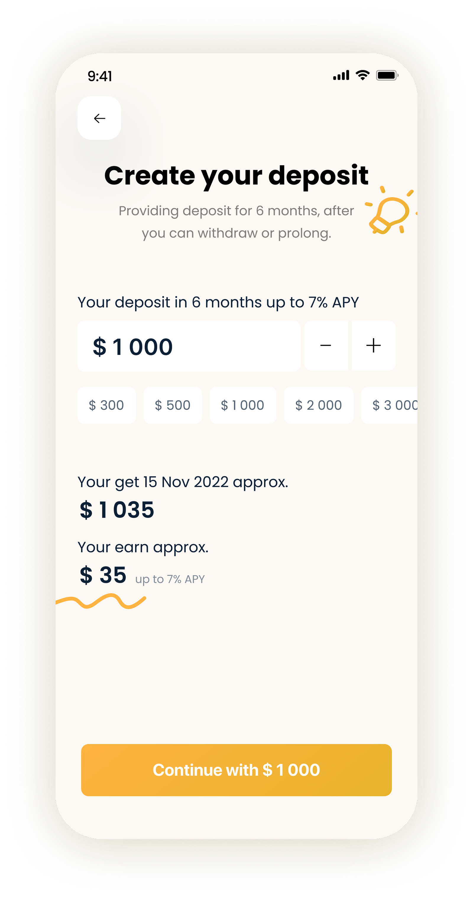 Retearn deposit amount and projected reward screen