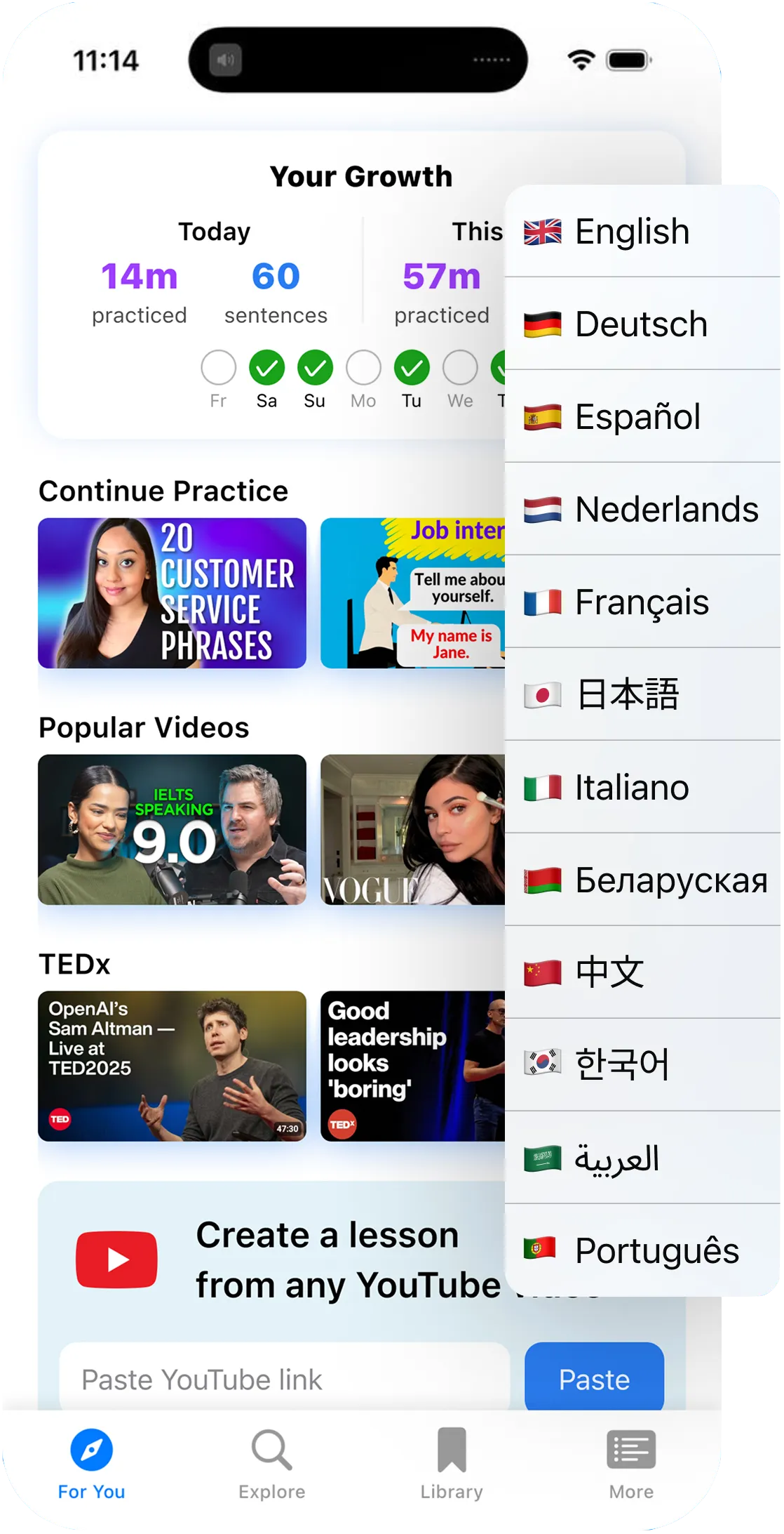 Speak Pro shadowing lesson interface